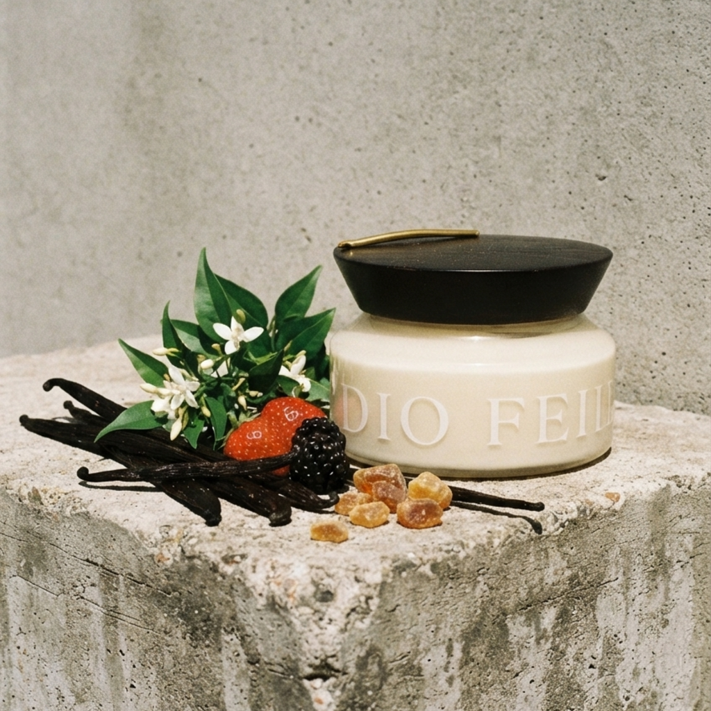 A cream-colored candle jar with a black lid sits on a textured concrete surface next to vanilla beans, a strawberry, blackberries, and small white flowers. The embossed brand name 'AUDIO FEMI' is visible on the side of the jar.